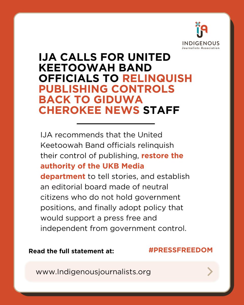 Indigenous Journalists Association (@indigenousja) on Twitter photo 🚨 <a href="/IndigenousJA/">Indigenous Journalists Association</a> condemns the United Keetoowah Band’s (UKB) officials for targeting and censoring the Giduwa Cherokee News & asks United Keetoowah Band members to support an independent press free of government influence & censorship. Full statement here: tinyurl.com/4w63dxhs 🚨 <a href="/IndigenousJA/">Indigenous Journalists Association</a> condemns the United Keetoowah Band’s (UKB) officials for targeting and censoring the Giduwa Cherokee News & asks United Keetoowah Band members to support an independent press free of government influence & censorship. Full statement here: tinyurl.com/4w63dxhs