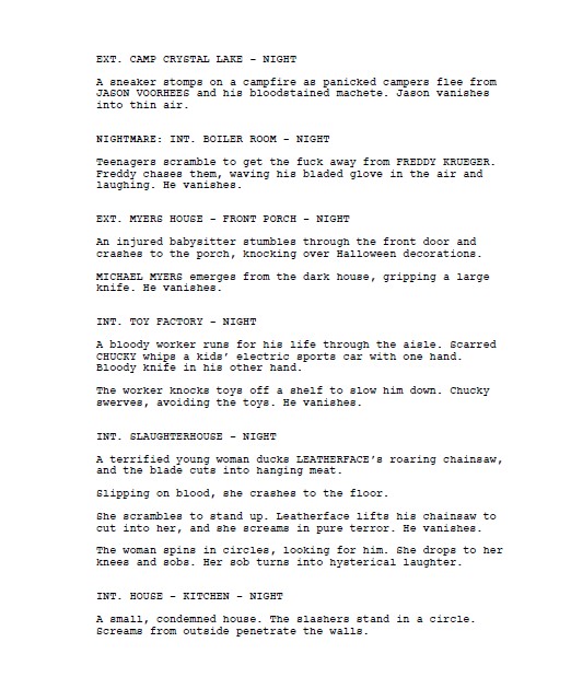 ScreenwriterMaV's tweet image. #FanFictionFriday Slashers vs monsters! 🔪 🧌 Pages 4 &amp;amp; 5 in the comments.

Art by Patrick Brown (patrickbrownart.com)

#FirstPageFriday #FunPageFriday #Horror #HorrorFam #HorrorCommunity #Slashers #Monsters #Screenplay