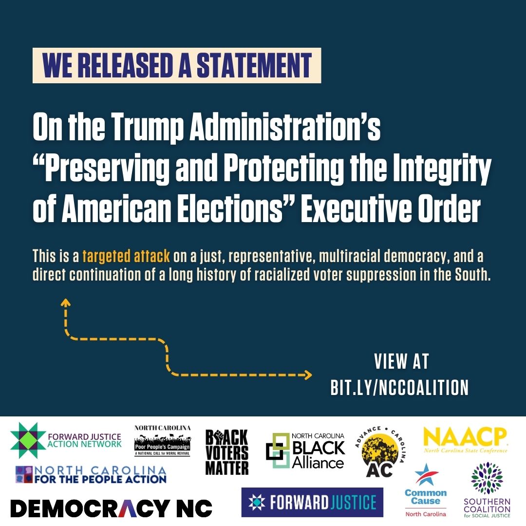 🗳️📢🗳️We joined a powerful coalition of NC voting rights groups to issue a statement on the Trump administration's recent executive order on elections.

forwardjustice.org/2025-federal-v…