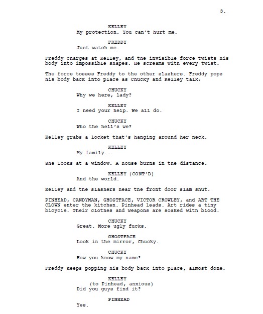 ScreenwriterMaV's tweet image. #FanFictionFriday Slashers vs monsters! 🔪 🧌 Pages 4 &amp;amp; 5 in the comments.

Art by Patrick Brown (patrickbrownart.com)

#FirstPageFriday #FunPageFriday #Horror #HorrorFam #HorrorCommunity #Slashers #Monsters #Screenplay