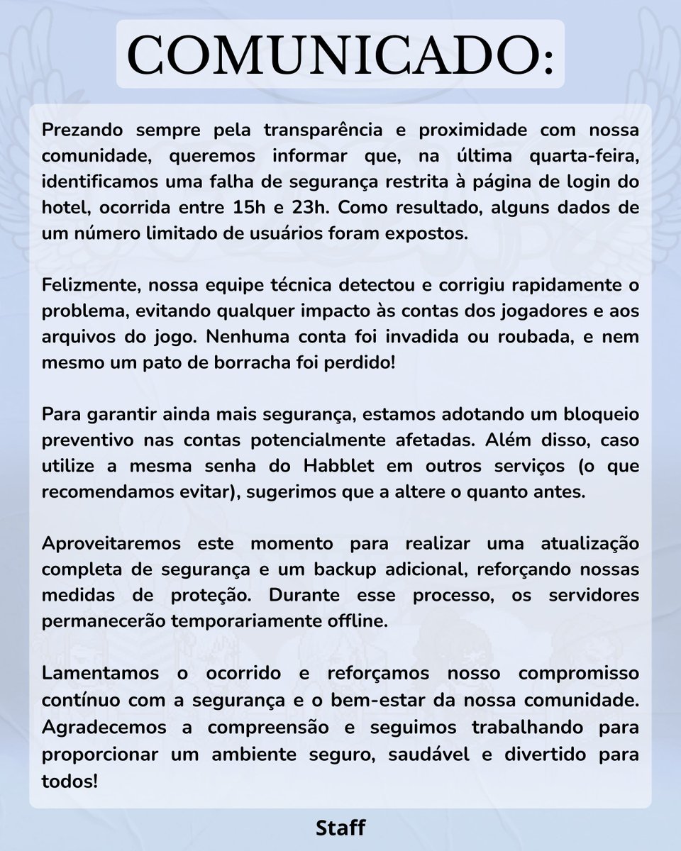 MeuHabblet's tweet image. A tempestade passou, e seguimos firmes! ⛅💙 
Em breve, estaremos de volta com tudo – e com uma compensação especial para vocês! ✨