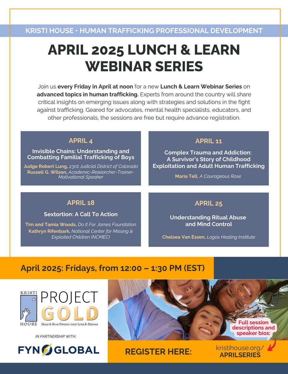 Register now for our April Lunch &amp; Learn Webinar Series! Advanced Topics in Human Trafficking, Fridays in April at noon EST: kristihouse.org/aprilseries