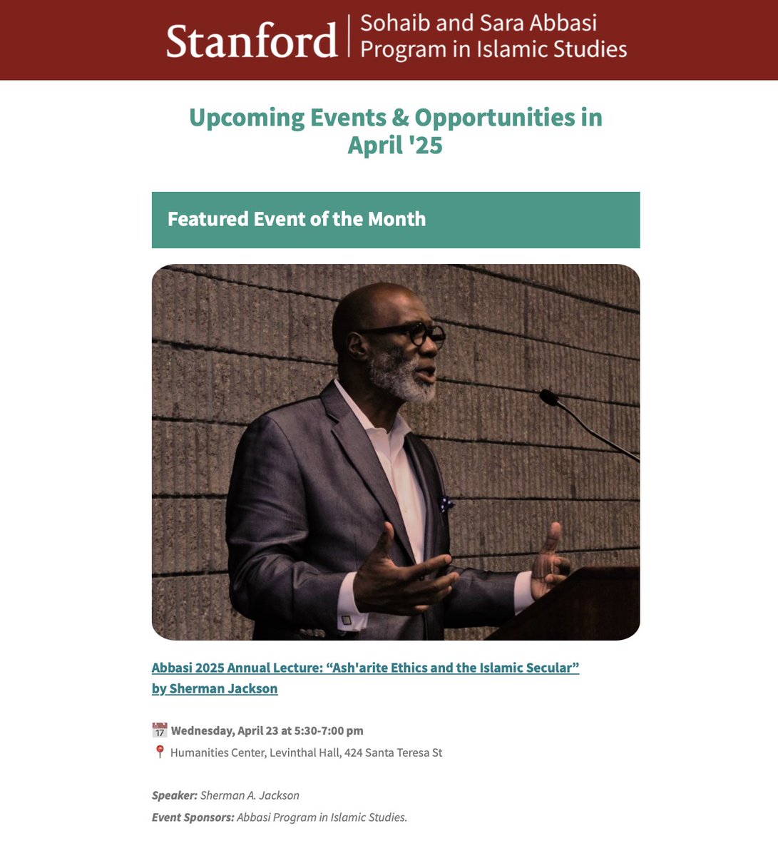 🌸📢📜 As we step into the spring quarter, we’re excited to share our April ‘25 newsletter! Inside, you’ll find highlights of featured lectures, co-sponsored events, spring courses on Islam and the Middle East, and other opportunities for students.

⏩ Read the full newsletter
