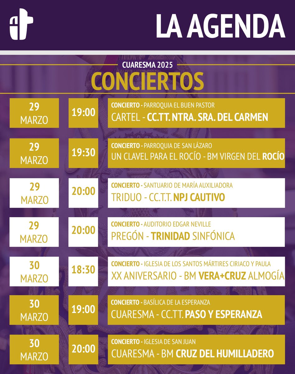 📆 Fin de semana de música en la ciudad de Málaga.

🎺 Conciertos de Cuaresma de <a href="/bctpasoespe/">La Esperanza</a> y <a href="/BMcruzh/">BM Cruz del Humilladero</a> con el XX Aniversario de <a href="/BM_veracruz/">BM Vera+Cruz de Almogía</a>. 

🌹 Además de la participación de <a href="/BMRocioMLG/">Banda de Música Virgen del Rocío</a> en la Exaltación de un Clavel para el Rocío.

#CofradíasMLG