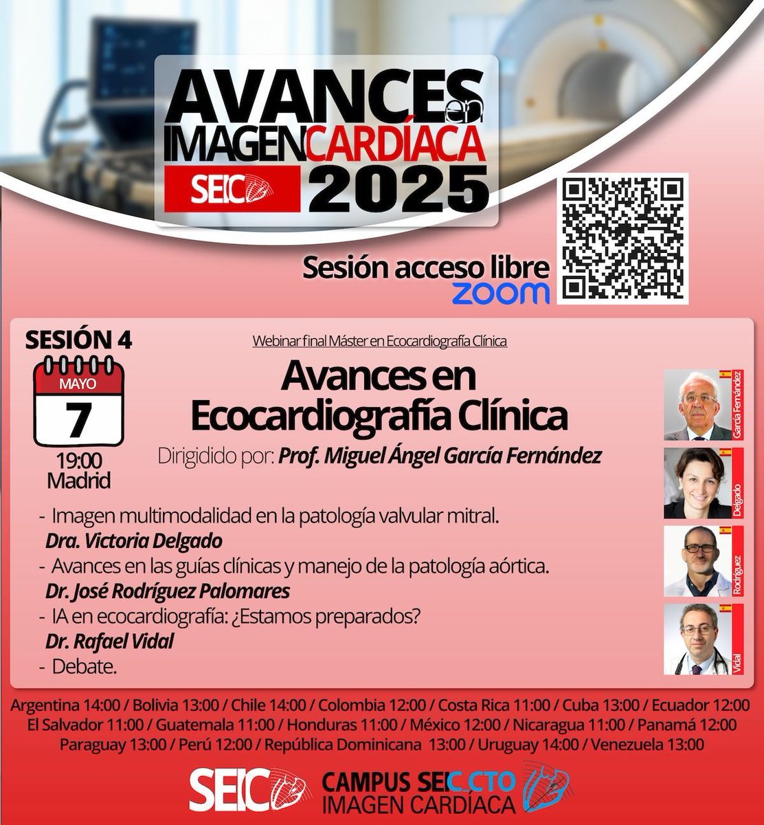 ¡Nueva sesión preparada!
Ya puedes realizar la inscripción en la sesión Zoom gratuita de la serie "Avances en Imagen Cardíaca 2025"
✅ Avances en Ecocardiografía Clínica
👨‍💻 buff.ly/jkeJ0TV ◀️
Con García Fernández, Victoria Delgado, Rodríguez Palomares y Rafael Vidal