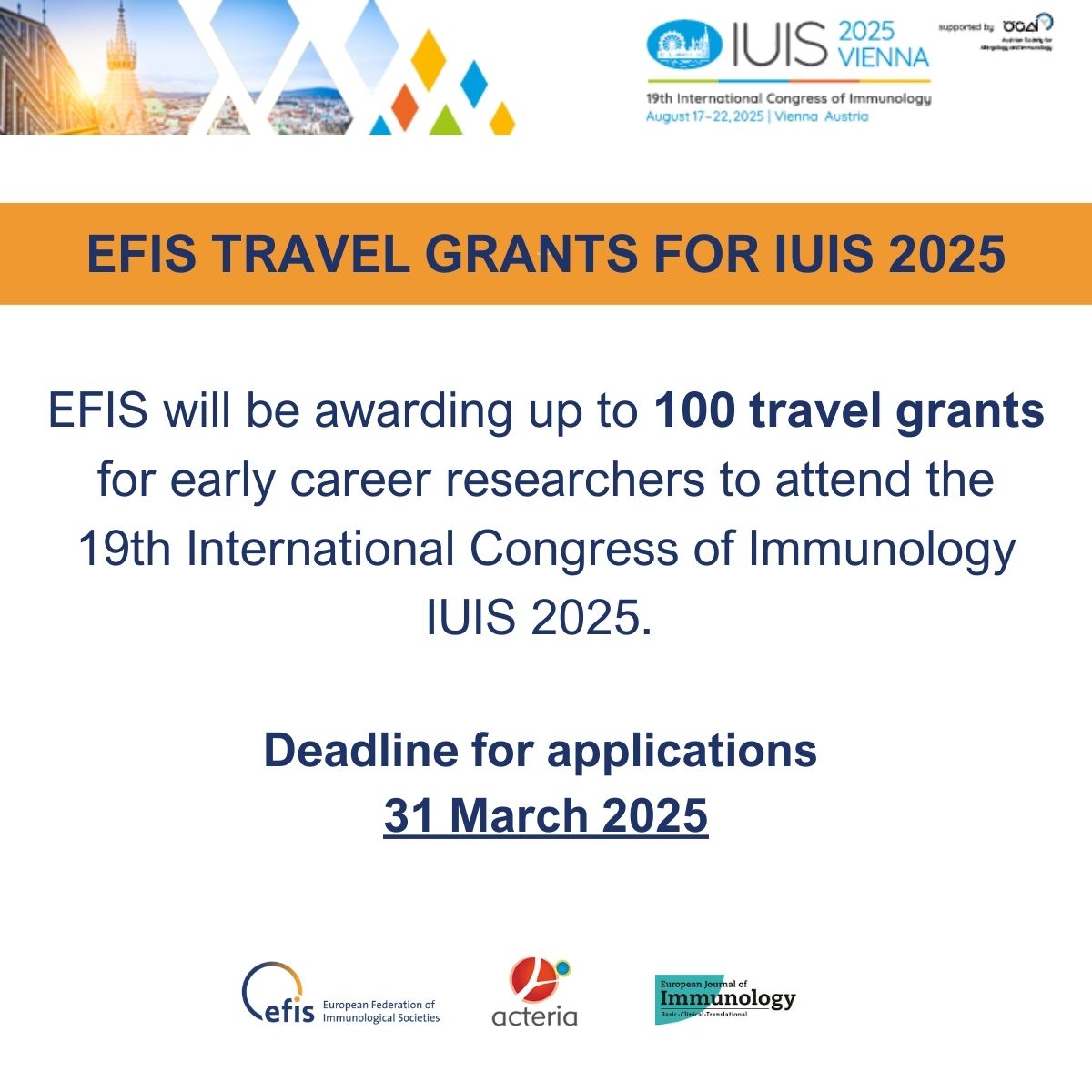 We are excited to share that EFIS is generously offering 100 travel grants for early-career researchers to attend #IUIS2025 in Vienna, Austria! Learn more and apply here: loom.ly/v6AVzYQ !