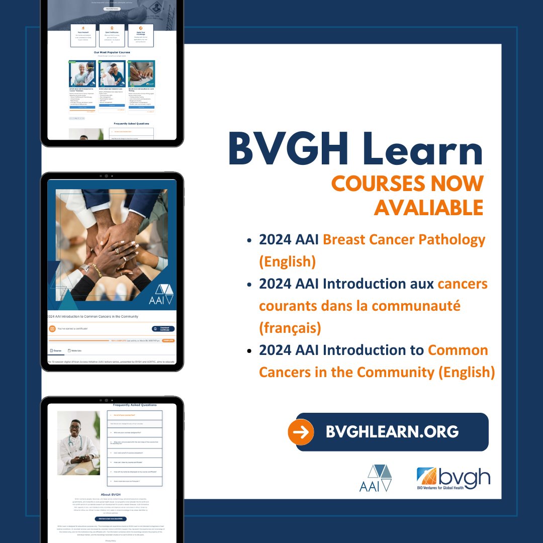 We've released 3 more courses to our BVGH Learn platform on topics including #breastcancer pathology and common #cancers! All courses available on BVGH Learn address our LMIC partners’ clinical and research priorities in cancer and infectious diseases. bvghlearn.org
