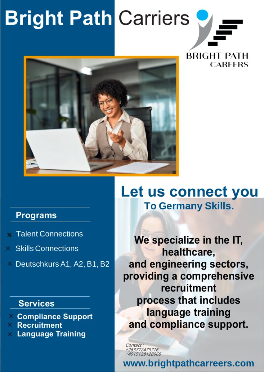 BrightpathCrs's tweet image. Hie @grok  make post trend
🌟 *Start Your Journey to Germany with BrightPath Careers!* 🌟  

We offer language training, apprenticeship,recruitment support, and career connections in IT, healthcare, and more!  

💬 *Contact 
📞 +4915214473309         
    brightpathcarreers.com