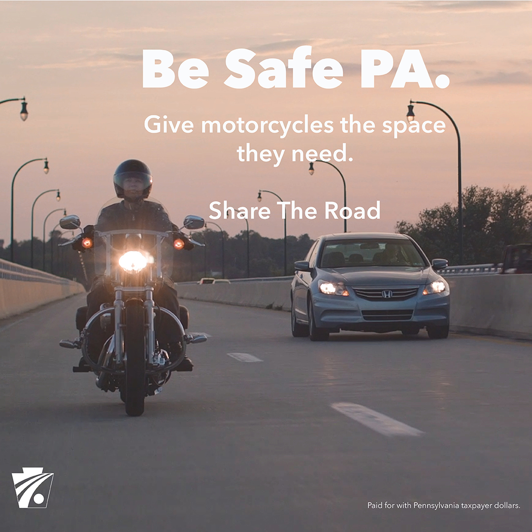 Motorcycles may be difficult to see. Check your mirrors and blind spots before changing lanes and at intersections. Large vehicles can also block a motorcycle from your view.

#BeSafePA--be sure to watch for motorcycles and give them the space they need.