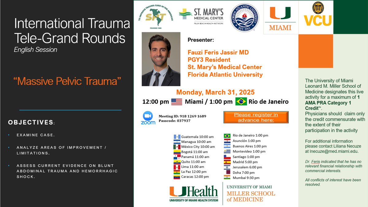 The Panamerican Trauma Society, The University of Miami, and the International Trauma System Development Program (ITSDP) at Virginia Commonwealth University (VCU) invite you to the International Trauma Tele-Grand Rounds.

Register and Join the Meeting: zoom.us/j/91812691689