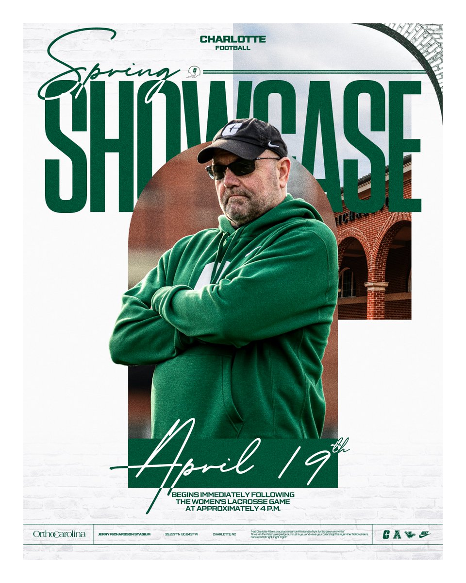 Charlotte 49ers (@charlotte49ers) on Twitter photo 📢 Mark your calendars!
<a href="/CharlotteFTBL/">Charlotte Football</a>'s Spring Showcase is set for April 19th 🏈🔥
The action kicks off right after the <a href="/CharlotteWLAX/">Charlotte Women's Lacrosse</a> game.
Don’t miss this chance to see the squad in action!
#GoldStandard⛏️ 📢 Mark your calendars!
<a href="/CharlotteFTBL/">Charlotte Football</a>'s Spring Showcase is set for April 19th 🏈🔥
The action kicks off right after the <a href="/CharlotteWLAX/">Charlotte Women's Lacrosse</a> game.
Don’t miss this chance to see the squad in action!
#GoldStandard⛏️