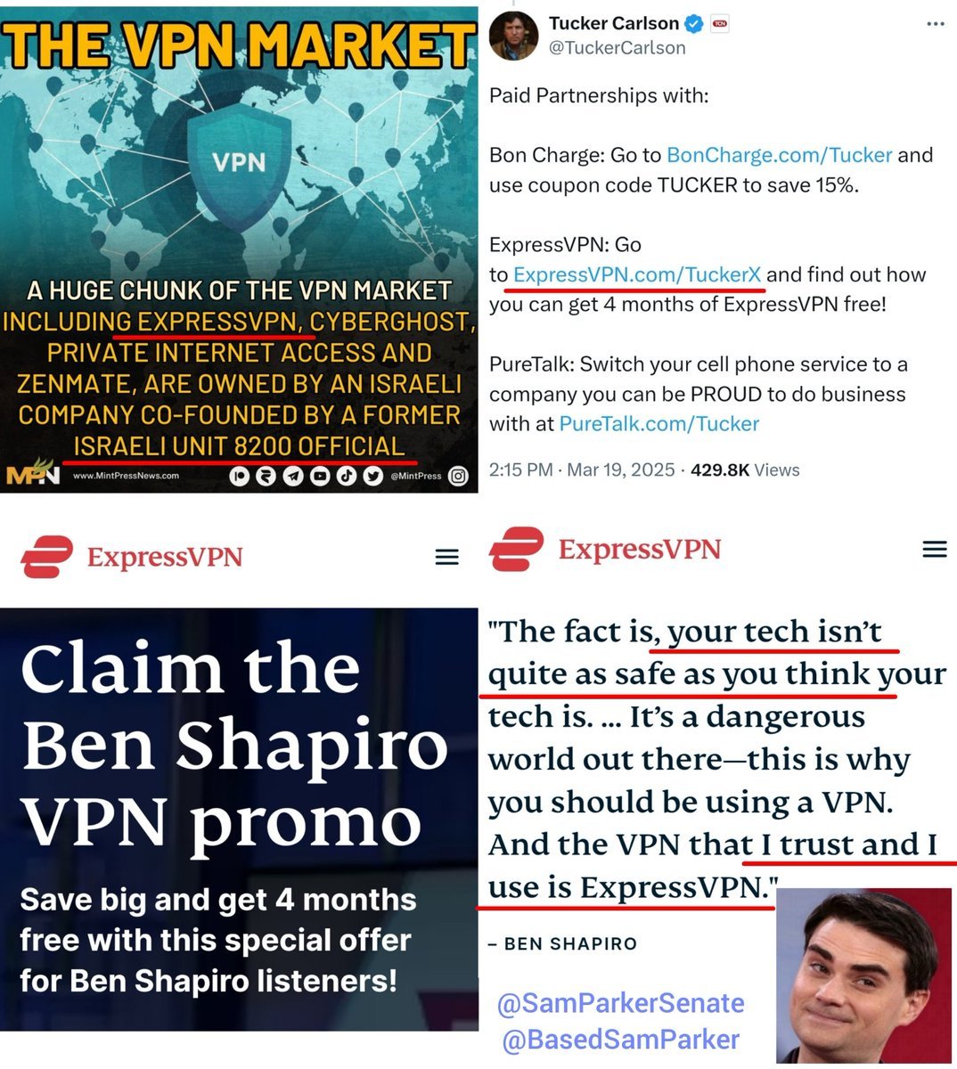 BasedSamParker's tweet image. 🛑 Is anyone else concerned that Tucker Carlson is partnered with ExpressVPN--a confirmed israeli intelligence operation promoted by Ben Shapiro?