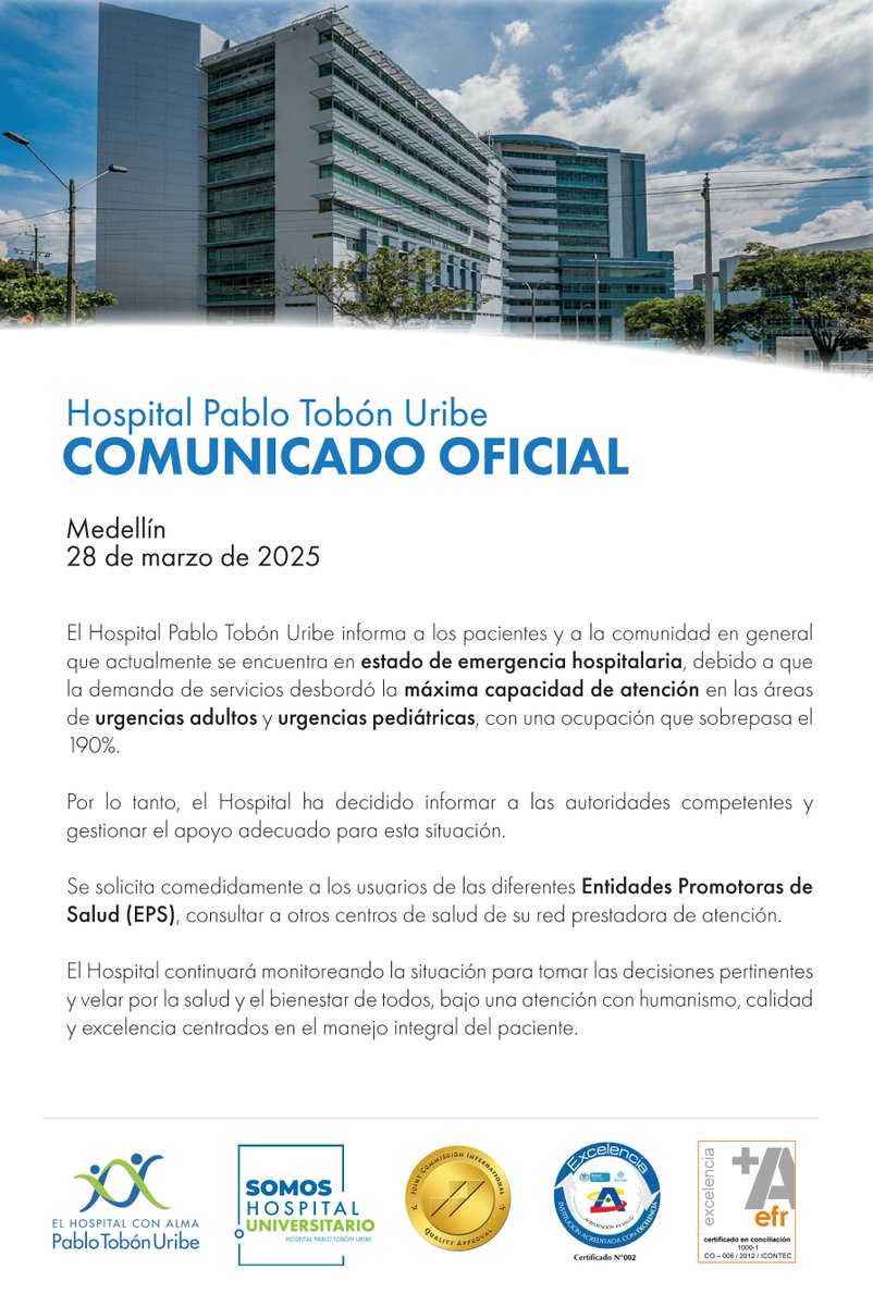 El Hospital continuará monitoreando la situación para tomar las decisiones pertinentes y velar por la salud y el bienestar de todos, bajo una atención con humanismo, calidad y excelencia centrados en el manejo integral del paciente.