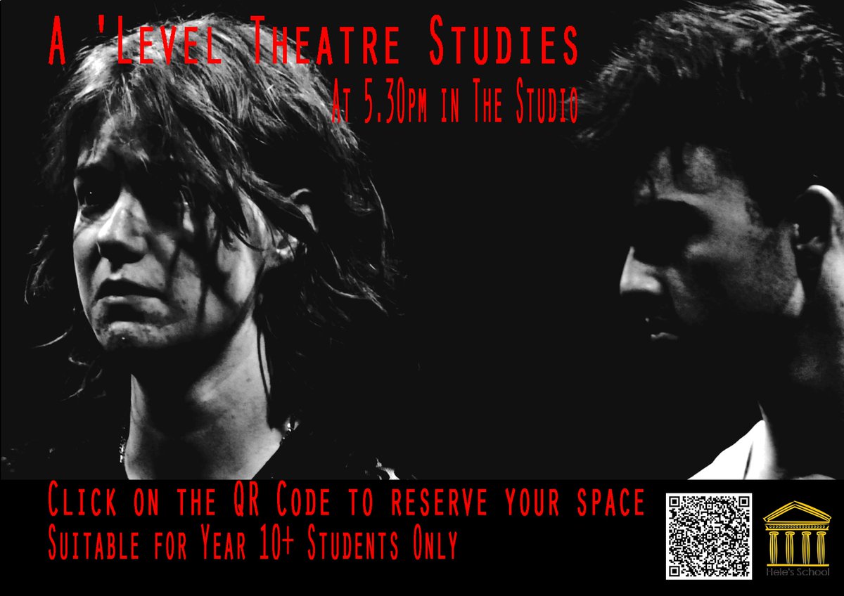 Next Friday evening we have our A level textual performances from 5.30 in the studio. Click here to book ticketsource.co.uk/heles-school
Due to the nature of the content, this event is for year 10+