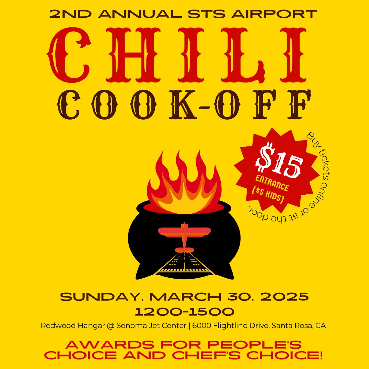 I'm sure you remember it from last year, and it's back!

On Sunday March 30th, Sonoma Jet Center will be hosting its second annual Airport Chili Cook-Off.

Tickets are $15 for adults and $5 for kids under 15.

Tickets available online or at the door.
santarosa99s.org/events/sts-chi…