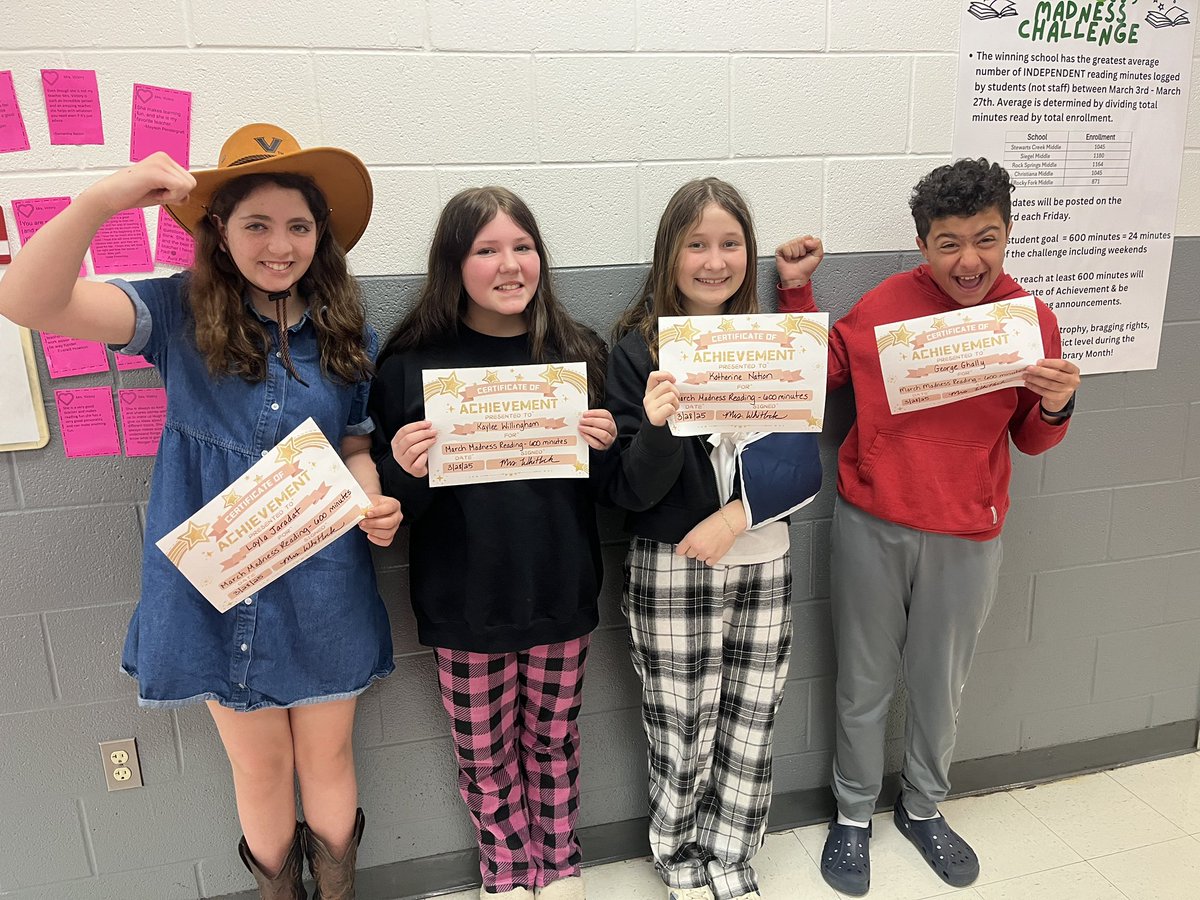 📚Stacie Whitlock📚 (@scmslibrary) on Twitter photo 154 students read at least 600 minutes for the March Madness Reading Challenge! 📚💪🏼 <a href="/scmfalcons/">Stewarts Creek MS</a> <a href="/rucoschools/">Rutherford County Schools</a> <a href="/zoobeanreads/">Beanstack</a> 154 students read at least 600 minutes for the March Madness Reading Challenge! 📚💪🏼 <a href="/scmfalcons/">Stewarts Creek MS</a> <a href="/rucoschools/">Rutherford County Schools</a> <a href="/zoobeanreads/">Beanstack</a>