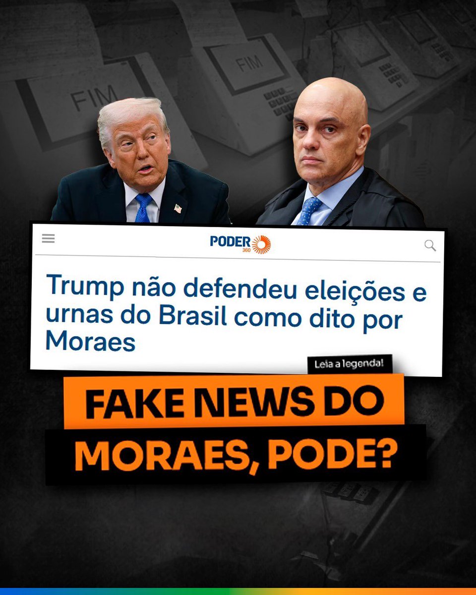 Então, é fake news ou não é? Quando a mentira vem de Alexandre de Moraes, tudo certo? Dois pesos e duas medidas — essa a lógica do STF. 

A lei no Brasil só vale pra um lado.