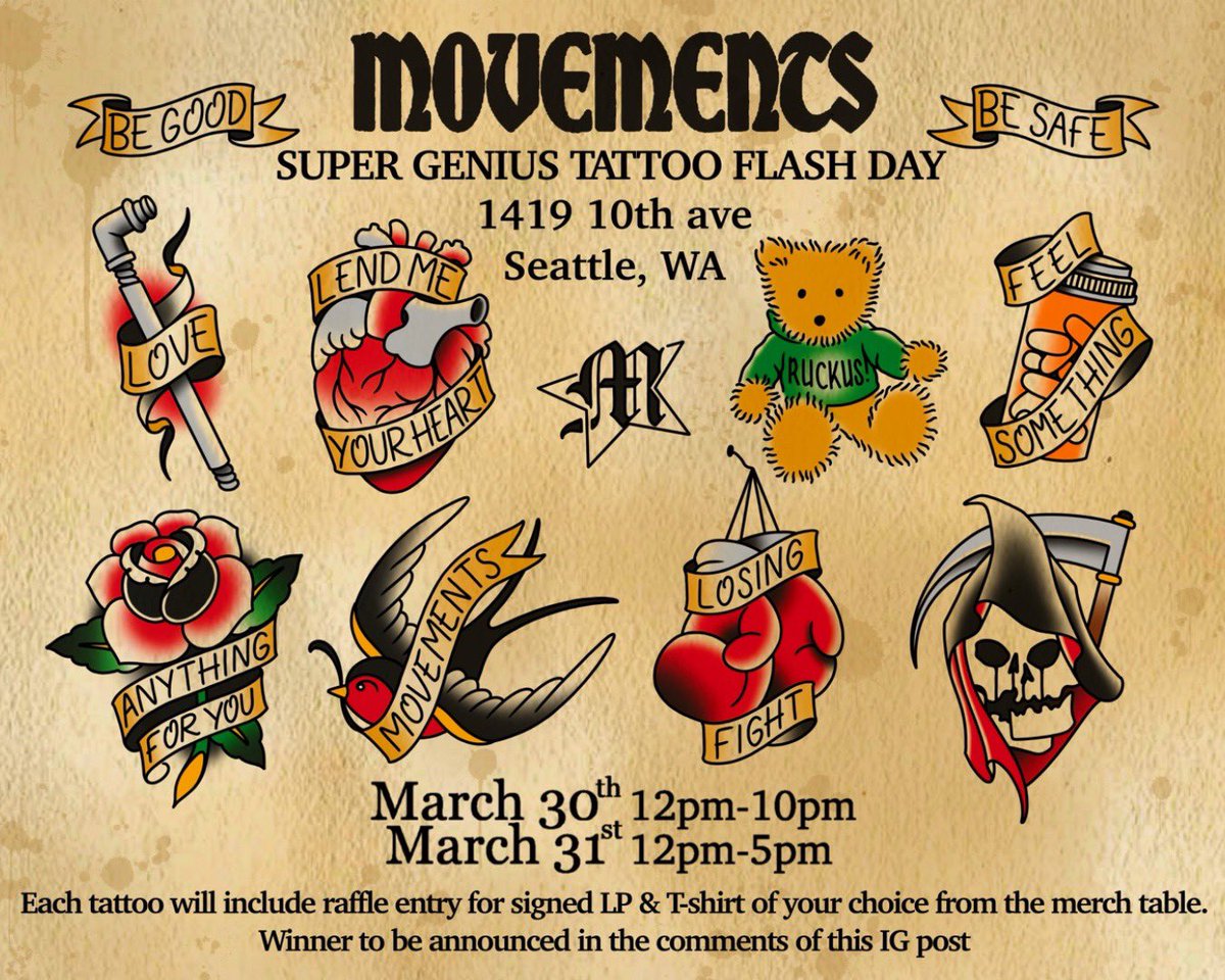 Seattle, Super Genius Tattoo will be offering Movements flash to celebrate our upcoming show at the Paramount Theatre March 31st.