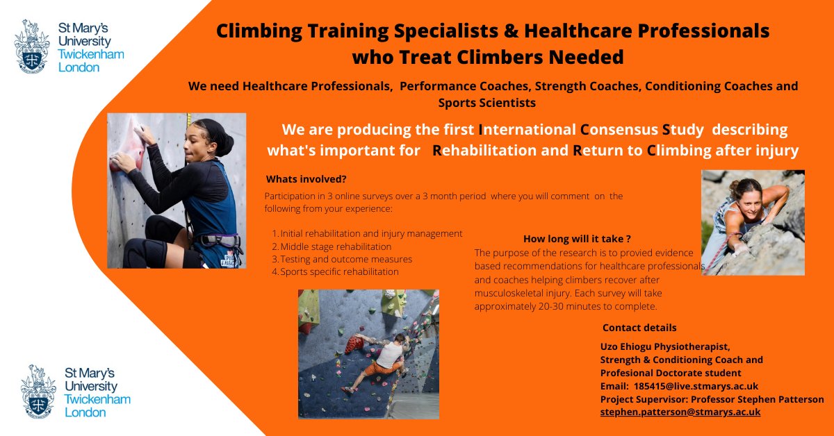 🚨 Developing the 1st International Consensus study describing "What is important for rehabilitation and return to climbing 🧗‍♀️ after injury" 🚨 Looking for 
HCPs and Performance coaches who work with climbers to participate... *(Please DM me )  Retweets  very much appreciated
