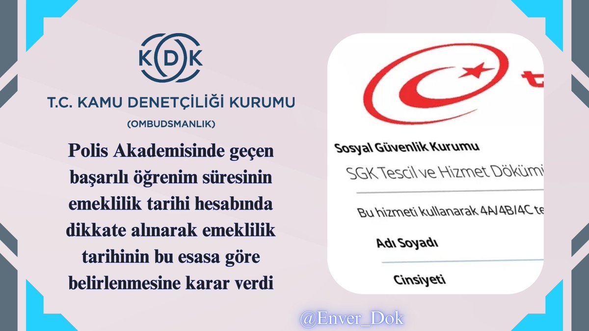 Kamu Denetçiliği Kurumu 21/11/2024 tarihli kararında;
Polis Akademisinde geçen başarılı öğrenim süresinin emeklilik tarihi hesabında dikkate alınarak emeklilik tarihinin bu esasa göre belirlenmesi  yönünde tavsiye kararı verdi.
