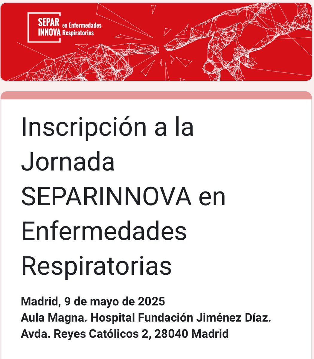 Sarah Heili-Frades Zimmermann MD, PhD (@sheilisarah) on Twitter photo HOLAAAA!!! Como Directora del comité de Innovación de <a href="/SeparRespira/">SeparRespira</a> os invito a una Jornada de Innovación en Salud que es un must y que se celebrará el 9 de mayo en mi hospital querido <a href="/Hospital_FJD/">Fundación Jiménez Díaz</a> !! Quedan pocas plazas. Os dejo el programa y la inscripción que es gratuita ⬇️! HOLAAAA!!! Como Directora del comité de Innovación de <a href="/SeparRespira/">SeparRespira</a> os invito a una Jornada de Innovación en Salud que es un must y que se celebrará el 9 de mayo en mi hospital querido <a href="/Hospital_FJD/">Fundación Jiménez Díaz</a> !! Quedan pocas plazas. Os dejo el programa y la inscripción que es gratuita ⬇️!