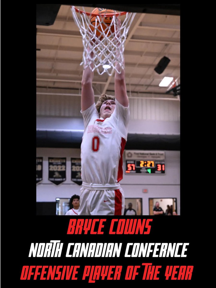 Nice job, Kid!!
<a href="/brycec_0/">Bryce Cowns</a>
Route 66 Honors:
Bryce Cowns- MVP of the entire conference and All-Conference team 

North Canadian Conference Honors:
Bryce Cowns- Offensive Player of the Year and All-Conference team

<a href="/BasketballRogue/">ROGUE Basketball</a> <a href="/PrepHoopsOK/">Prep Hoops Oklahoma</a> <a href="/NxtProHoops/">NXTPRO Hoops</a> <a href="/NXTPROHoopsSW/">NXTPRO Southwest</a>