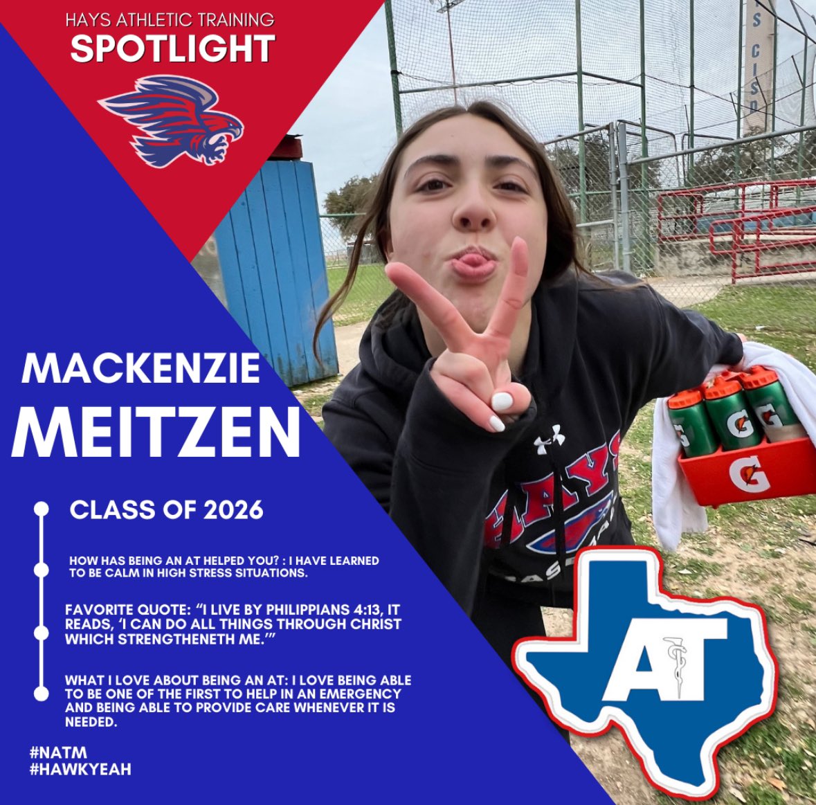 HHS_AthTraining's tweet image. NATM spotlight today is junior Mackenzie Meitzen. Mackenzie is a 2nd year AT student after running track gave her too many injuries. We are so happy she fell in love with AT because she is dedicated to the profession and in helping everyone. Thank you Mack for all you do! #NATM