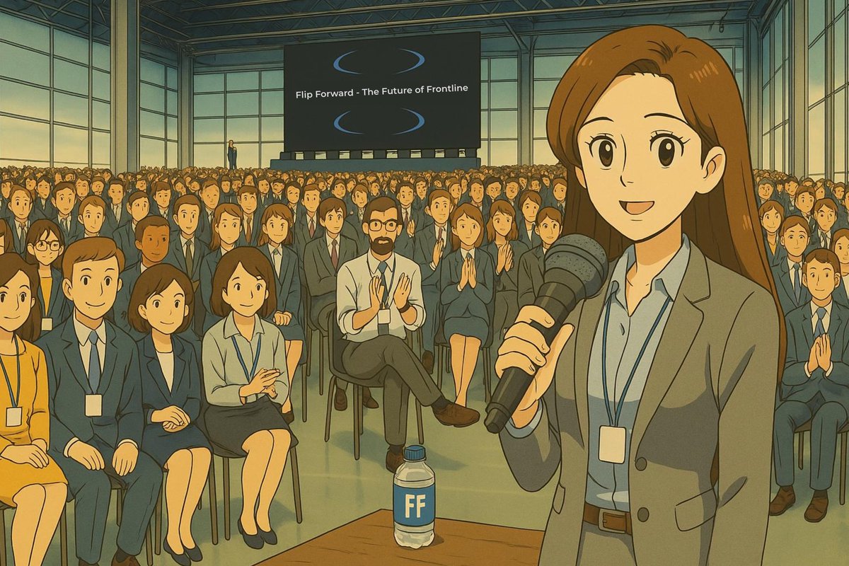 Prompt: Generate an image of hundreds of HR, Comms &amp; IT leaders having an epic time at our 'Flip Forward - Future of Frontline' event...

...but obviously jump on the fad of making everything in the style of Studio Ghibli.

Want to attend? Sign up here 👉 getflip.com/events/flip-fo…