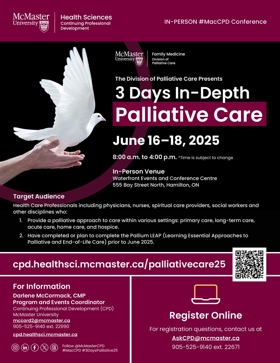 Registration is now open! Join #MacCPD for 3 Days In-Depth Palliative Care in person on June 16-18, 2025, at the Waterfront Events &amp; Conference Centre in #HamOnt. #3DaysPalliative25
For details cpd.healthsci.mcmaster.ca/palliativecare…