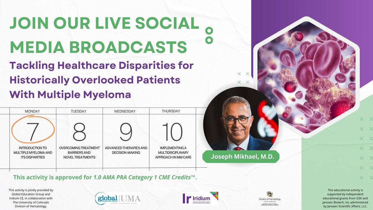 IridiumContEd's tweet image. 🚨 Streaming today:
Part 1 of our new CME series:
Tackling Healthcare Disparities in Multiple Myeloma
Today’s topic: Fundamentals of MM + Understanding Its Disparities
Join us in confronting inequities in cancer care.
🎥bit.ly/tackling-mm-di…
#MultipleMyeloma #HealthEquity…