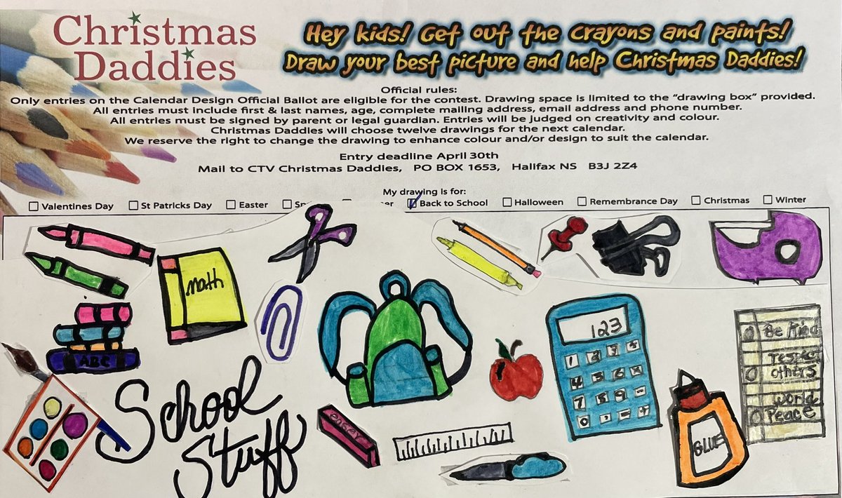 The Calendar Drawing contest ends soon! Only a few days left to enter!
Entries postmarked March 31st are eligible.
Have the kids create a drawing this weekend and pop it in the mail on Monday!
The official entry form and contest details are here:
christmasdaddies.org/christmas-dadd…