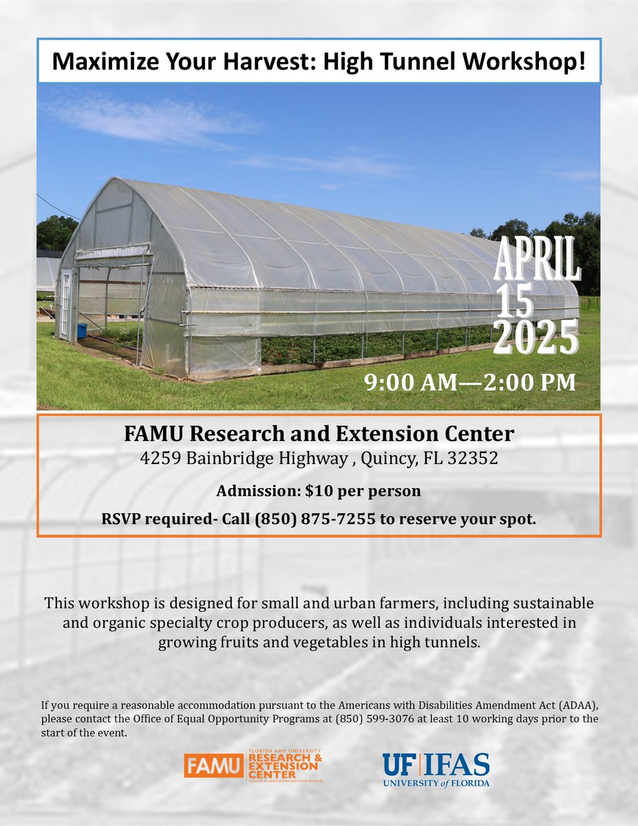 FAMU Cooperative Extension Program (@famuext) on Twitter photo Open to small-scale/ urban farmers, sustainable and organic specialty crop producers, and anyone interested in growing fruits and vegetables in high tunnels. The general public is also welcome. Registration - $10, includes lunch + materials. To register, <a href="/UF_IFAS/">UF IFAS Solutions</a> (850) 875-7255. Open to small-scale/ urban farmers, sustainable and organic specialty crop producers, and anyone interested in growing fruits and vegetables in high tunnels. The general public is also welcome. Registration - $10, includes lunch + materials. To register, <a href="/UF_IFAS/">UF IFAS Solutions</a> (850) 875-7255.