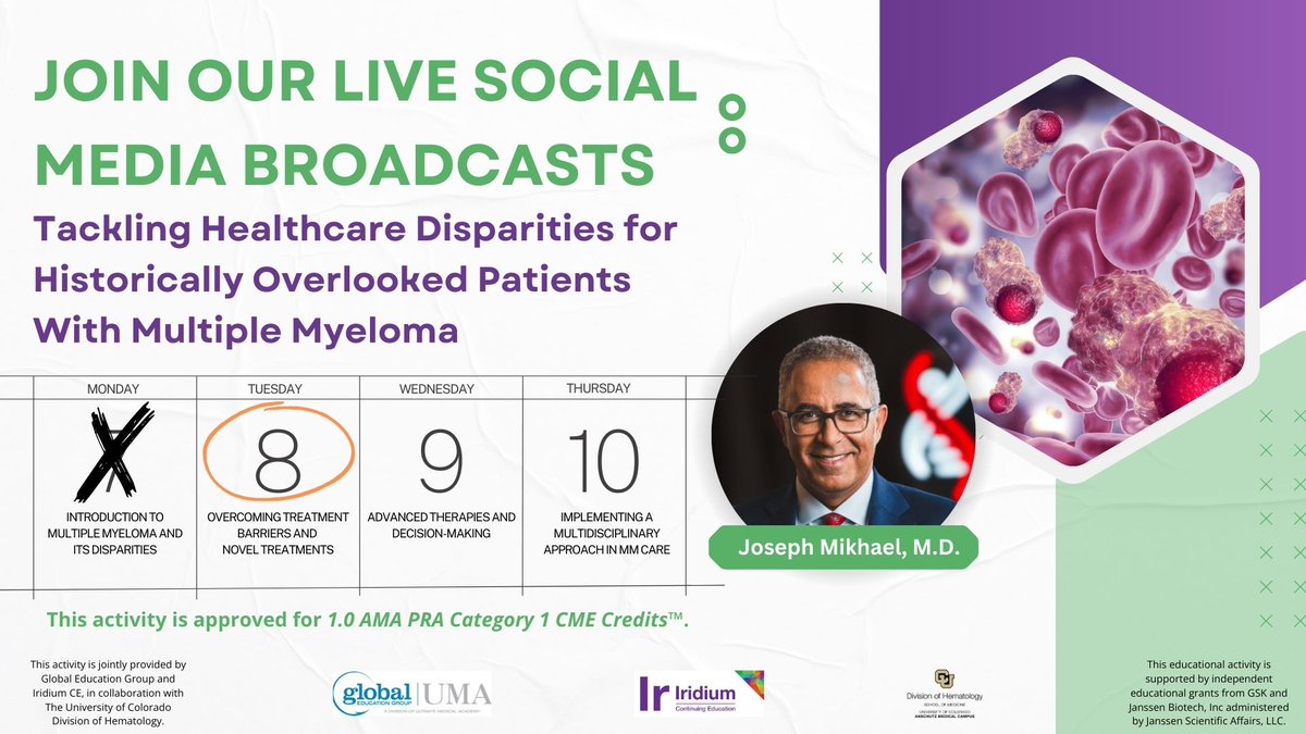 IridiumContEd's tweet image. 📢 Part 2 of our CME series is TODAY:
Overcoming Barriers to Treatment + Exploring Novel Therapies in Multiple Myeloma
Let’s address inequity with action and innovation.
🎥 Tune in today: bit.ly/tackling-mm-di…
#MultipleMyeloma #HealthEquity #LiveCME #HematologyCME…