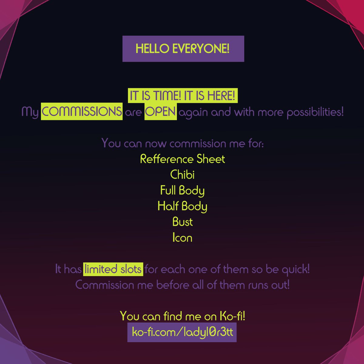 l0r3tt66908's tweet image. ✨💜COMMISSIONS OPEN💜✨

ko-fi.com/ladyl0r3tt/com…

#Kofi #KofiCommissions #Commissions #CommissionsOpen