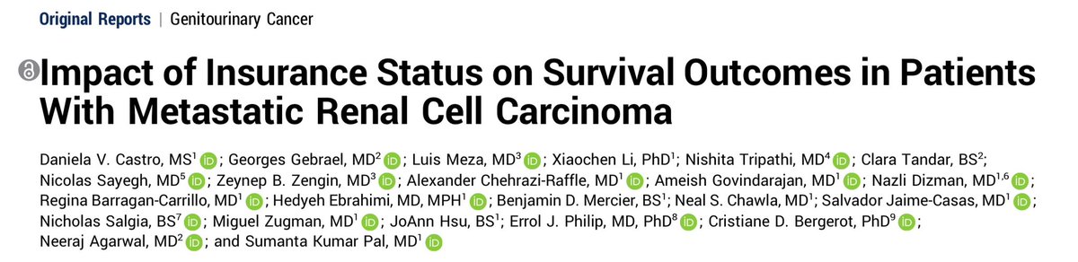 Daniela V. Castro (@dvcastro_) on Twitter photo 🧵 1/7 Newly published <a href="/JCO_ASCO/">Journal of Clinical Oncology</a> #OncologyAdvances! Our study explores how insurance status affects survival outcomes for patients with metastatic renal cell carcinoma (mRCC) receiving first-line systemic therapy. Read here: doi.org/10.1200/OA.24.… 🧵 1/7 Newly published <a href="/JCO_ASCO/">Journal of Clinical Oncology</a> #OncologyAdvances! Our study explores how insurance status affects survival outcomes for patients with metastatic renal cell carcinoma (mRCC) receiving first-line systemic therapy. Read here: doi.org/10.1200/OA.24.…