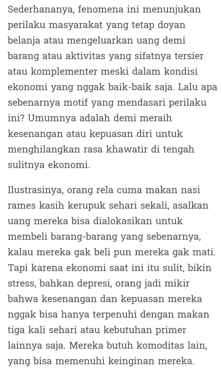 rifzQ's tweet image. Itu namanya lipstick effect. Perbandingannya gak apple to apple juga dibanding total penduduk Indonesia. Emang semua penduduk Indonesia pada nonton konser, makan di mall, beli barang mewah dll? Paling cuma berapa persen doang, gak ada 2-3% nya dari total penduduk Indonesia.