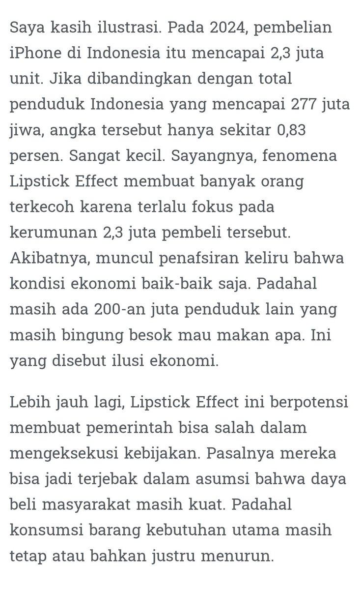 rifzQ's tweet image. Itu namanya lipstick effect. Perbandingannya gak apple to apple juga dibanding total penduduk Indonesia. Emang semua penduduk Indonesia pada nonton konser, makan di mall, beli barang mewah dll? Paling cuma berapa persen doang, gak ada 2-3% nya dari total penduduk Indonesia.