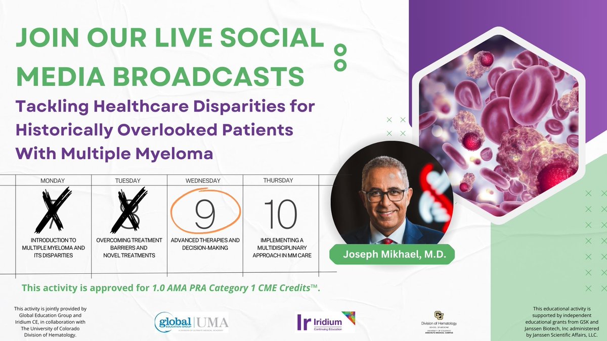 IridiumContEd's tweet image. LIVE TODAY:
Advanced Therapies + Ethical Decision-Making
Part 3 of our series on tackling disparities in #MultipleMyeloma
Let’s talk access and justice in care.
🎥 bit.ly/tackling-mm-di…
#CMEinAction #HealthEquity #MedicalEthics #OncologyEducation #IridiumEducation #LiveCME…