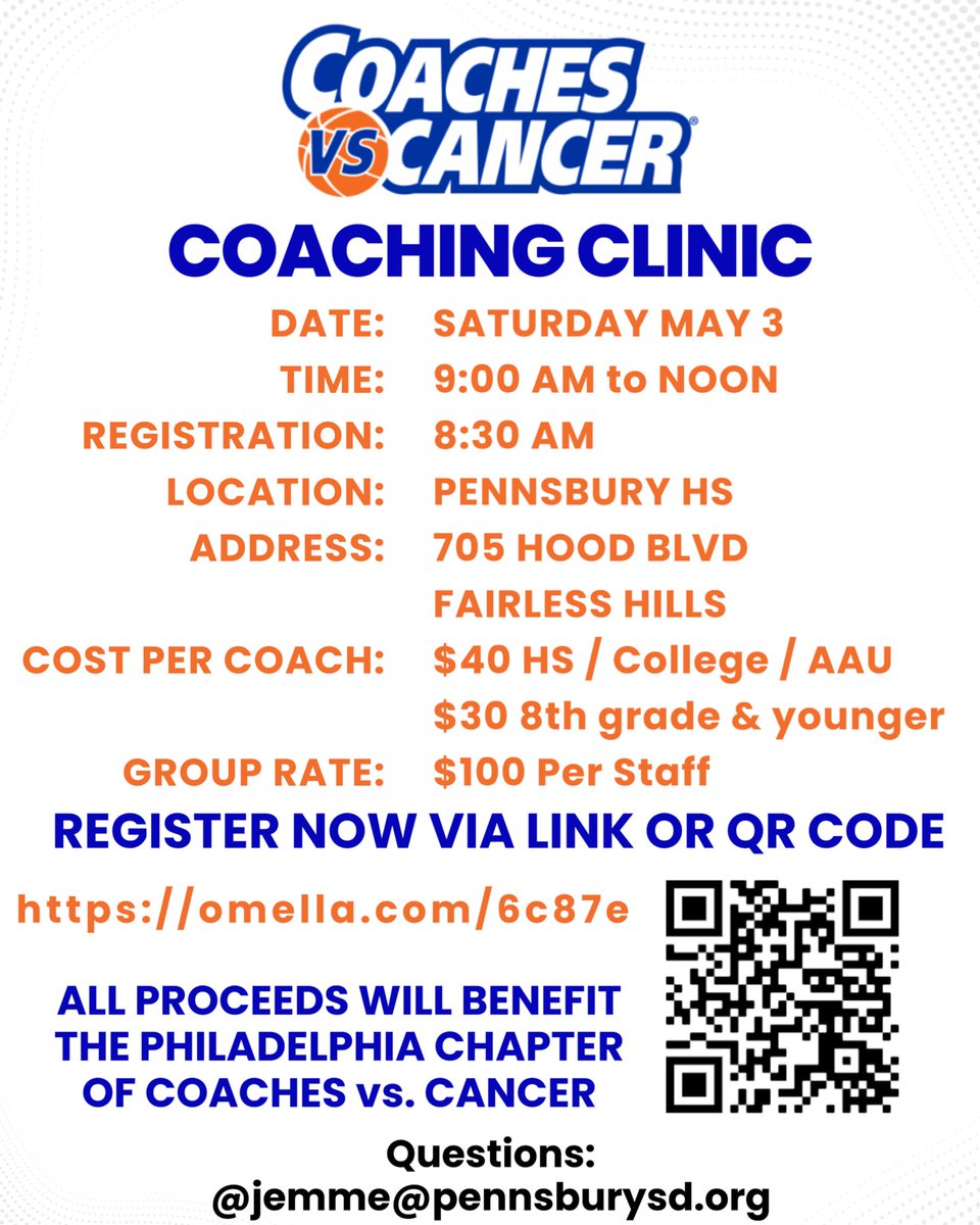 Pennsbury Hoops (@psd_boyshoops) on Twitter photo Sat. May 3 @ PHS - Coaching Clinic featuring Coach Emme & Coach Sciolla, as well as 3 longtime Division 1 head coaches: Fran Dunphy, Phil Martelli & Cindy Griffin
Coaches from all levels are invited to attend
All proceeds go to the Philadelphia Chapter of Coaches vs. Cancer Sat. May 3 @ PHS - Coaching Clinic featuring Coach Emme & Coach Sciolla, as well as 3 longtime Division 1 head coaches: Fran Dunphy, Phil Martelli & Cindy Griffin
Coaches from all levels are invited to attend
All proceeds go to the Philadelphia Chapter of Coaches vs. Cancer