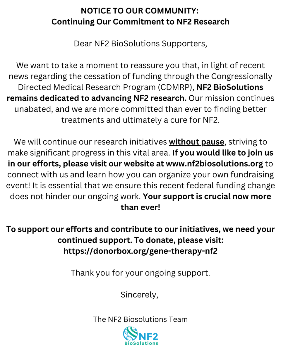 To learn more about our efforts and join us in the fight against NF2, please visit our website at nf2biosolutions.org

To donate, please click here: buff.ly/h5OqMv8