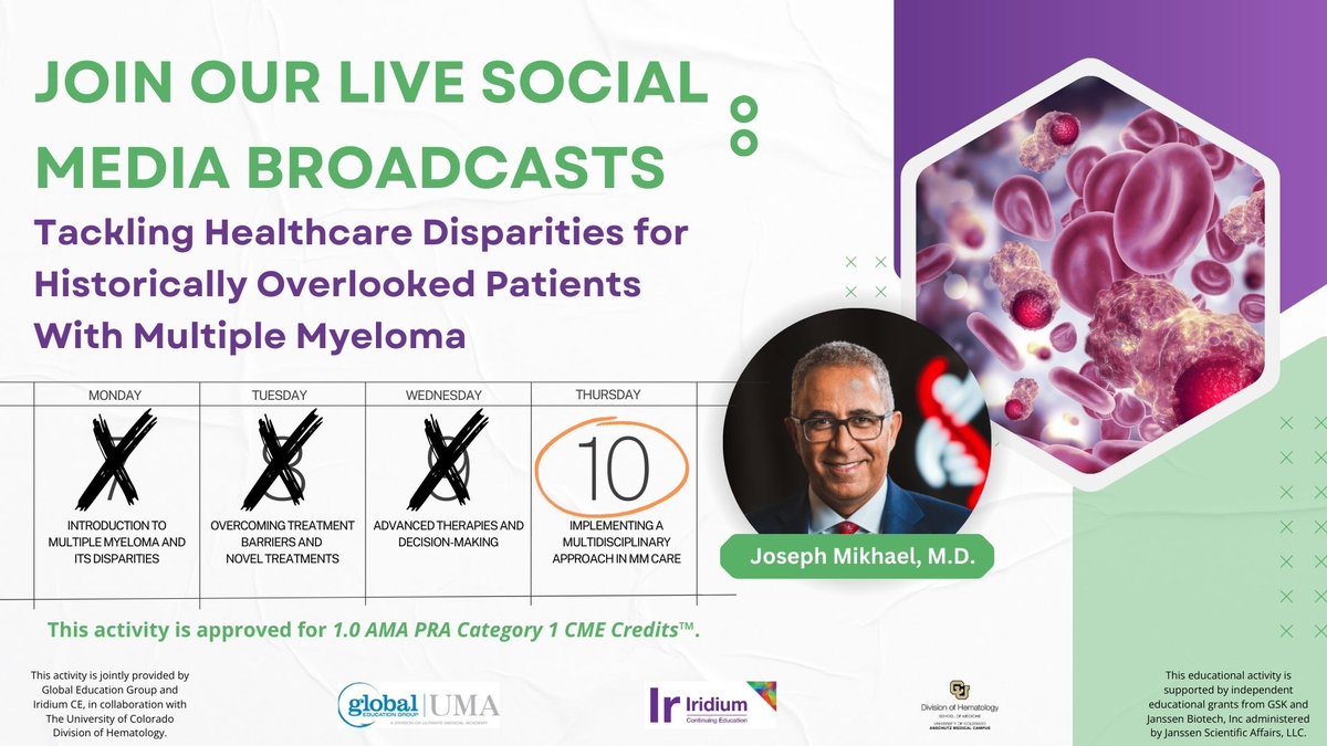 IridiumContEd's tweet image. Today’s the finale:
Implementing Multidisciplinary Approaches in MM Care
🎯 Part 4 of our CME series on tackling disparities in Multiple Myeloma
Because equitable care takes a team.
🎥 LIVE TODAY: bit.ly/tackling-mm-di…
#MultipleMyeloma #HealthEquity #TeamBasedCare #LiveCME…