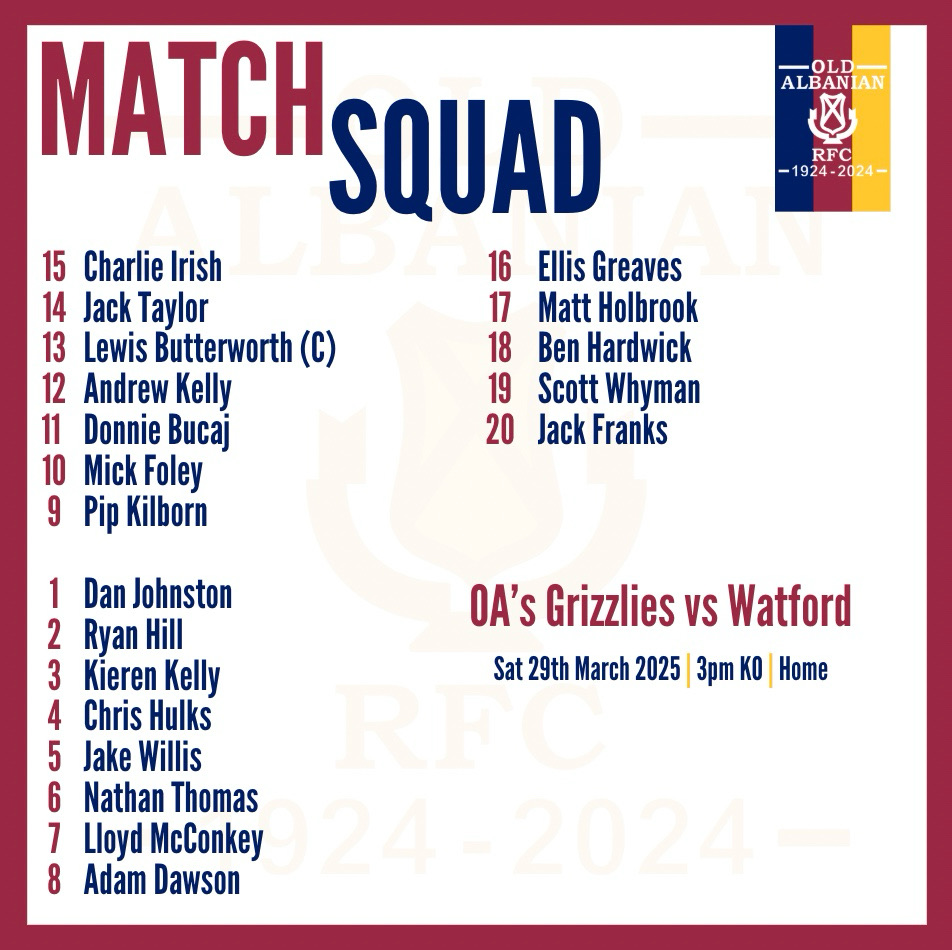 Tomorrow our OAs Grizzlies take on Watford at home…

Make sure you come down to the club and support the lads!!🍻🏉

#oasrugby #oas #oldalbanianrfc #grizzlies