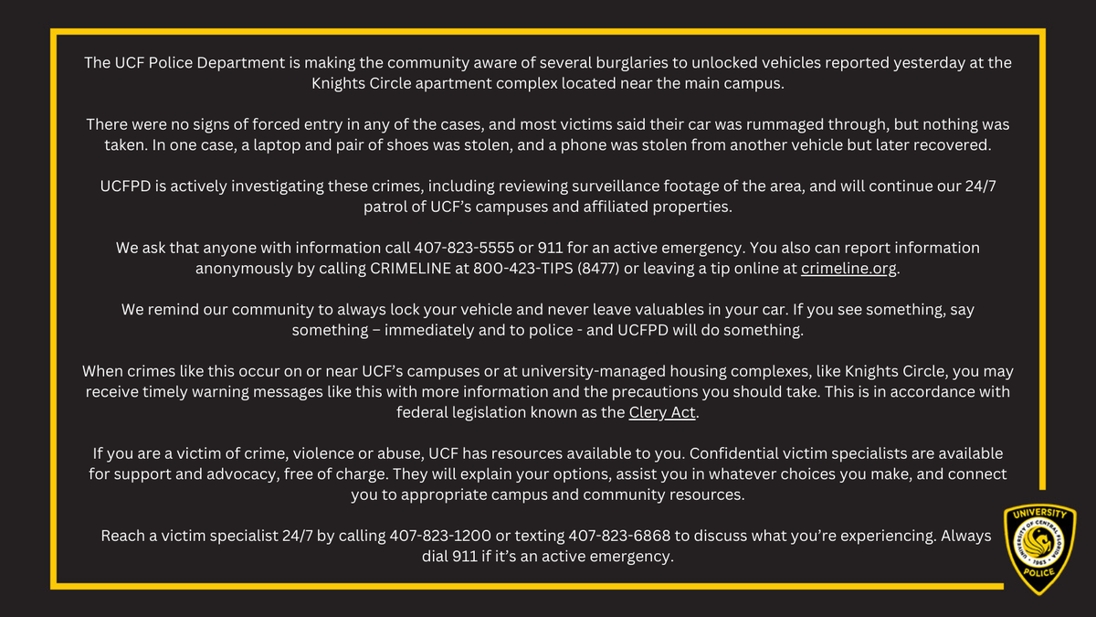 UCFPolice's tweet photo. #UCFAlert: The UCF Police Department is making the community aware of several burglaries to unlocked vehicles reported yesterday at the Knights Circle apartment complex located near the main campus.

Read more ⤵️ or here:  https://t.co/Pg6ok5NFmu https://t.co/PYnpNeWTU1