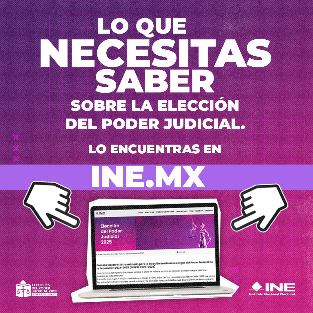 📢 Infórmate sobre la Elección del Poder Judicial 2025: candidaturas, boletas, fiscalización y mucho más.

Accede al micrositio del INE:

🔗 ine.mx/eleccion-del-p…