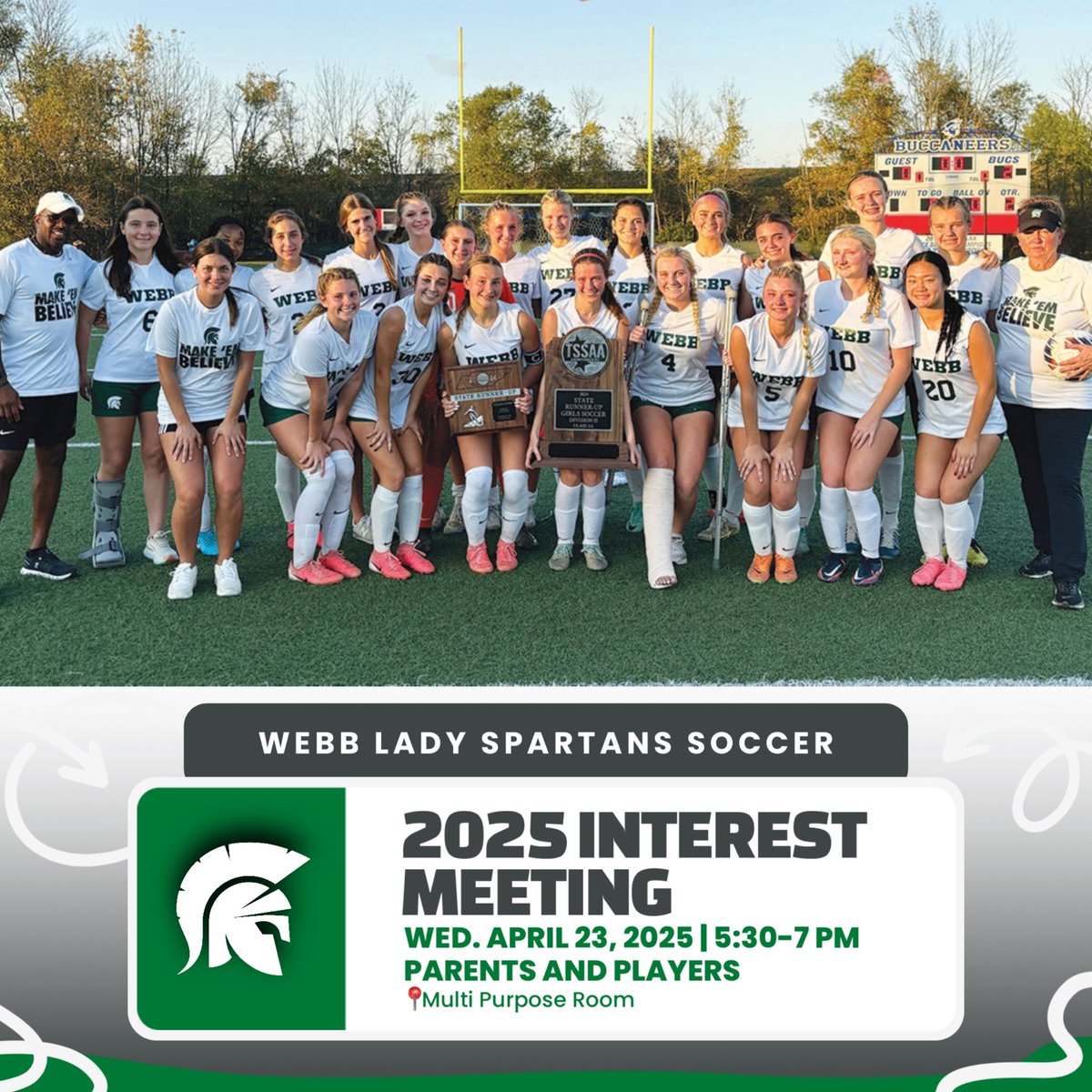 Date correction!! Interested in playing soccer in the fall with the Lady Spartans? Please join us for an interest meeting on Wednesday, April 23rd at 5:30 pm in the multi purpose room. Go Lady Spartans! @knoxwebbsports
