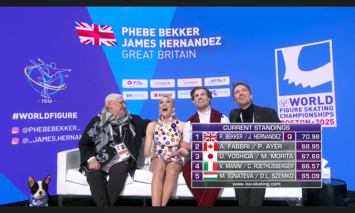 Phebe &amp; James became the 1st icedancers to Qualify for the Free Dance at #WorldFigure with a superb 60s-Tastic performance! Loved it, and admiring their progress under coaches <a href="/PennyCoomes/">Penny Coomes</a> &amp; <a href="/N_Buckland/">Nicholas Buckland</a> 🇬🇧👏🥰 💐 Congratulations and Good Luck to Mr Bond &amp; his Bond Girl/Spy. ♥️🍸