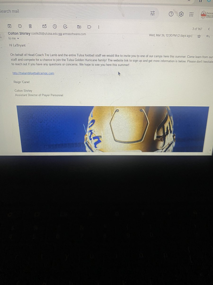 La’Bryant jones (@labryantjones88) on Twitter photo Thank you <a href="/TulsaFootball/">Tulsa Football</a> for the summer camp invitation
<a href="/Coltonts12/">Colton Shirley</a>
<a href="/CoachTreLamb9/">Tre Lamb</a>
<a href="/TheUCReport/">Billy Tucker</a>
<a href="/HallTechSports1/">Hall-Tech Sports</a>
<a href="/AL7AFootball/">Alabama7AFootball</a>
@recruitdevils
<a href="/Tufacene99Lyles/">Adrian Lyles</a> Thank you <a href="/TulsaFootball/">Tulsa Football</a> for the summer camp invitation
<a href="/Coltonts12/">Colton Shirley</a>
<a href="/CoachTreLamb9/">Tre Lamb</a>
<a href="/TheUCReport/">Billy Tucker</a>
<a href="/HallTechSports1/">Hall-Tech Sports</a>
<a href="/AL7AFootball/">Alabama7AFootball</a>
@recruitdevils
<a href="/Tufacene99Lyles/">Adrian Lyles</a>