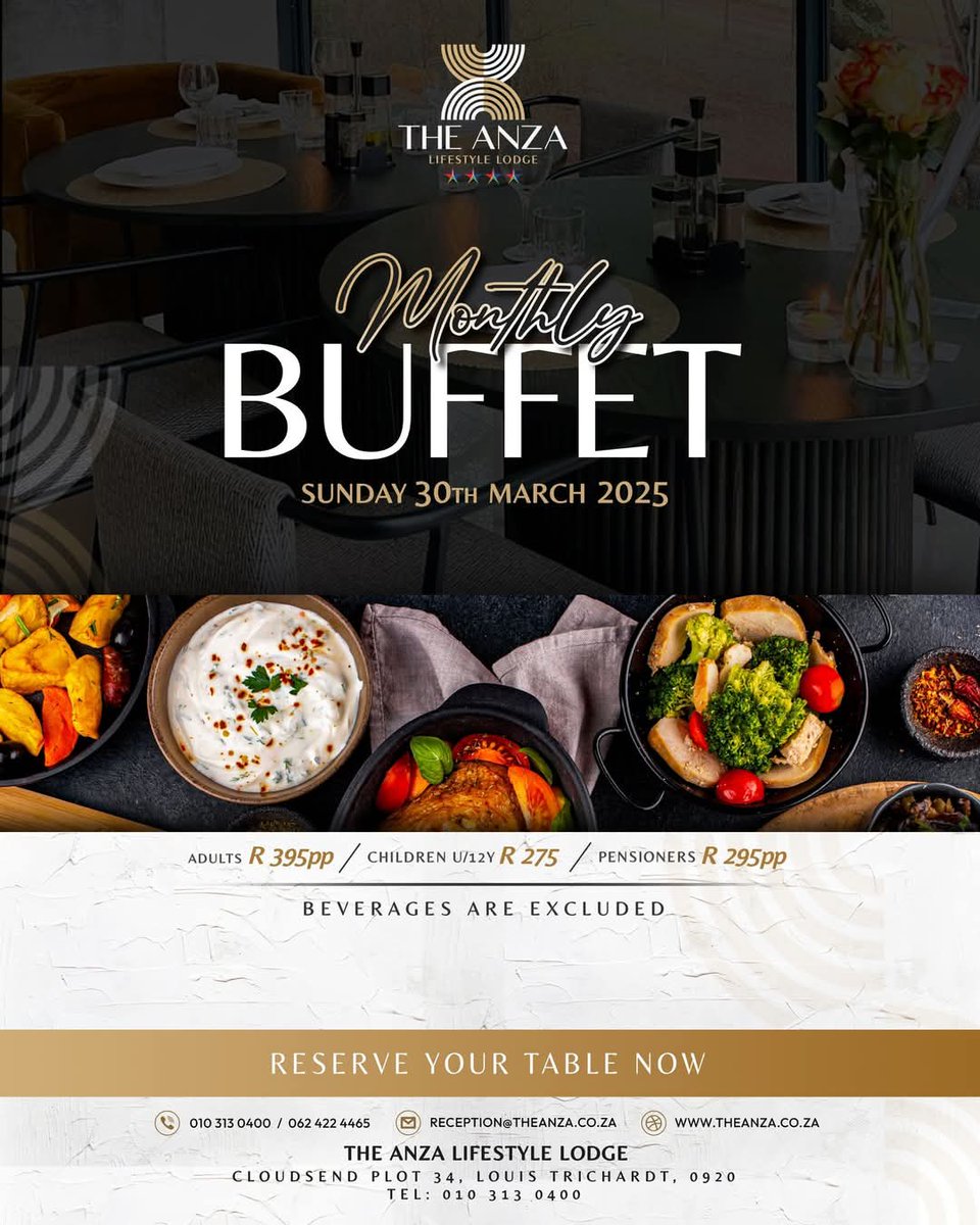 Back by popular demand! The Anza's mouthwatering buffet will be open this Sunday—come feast with us!

Call us for inquiries 010 313 0400