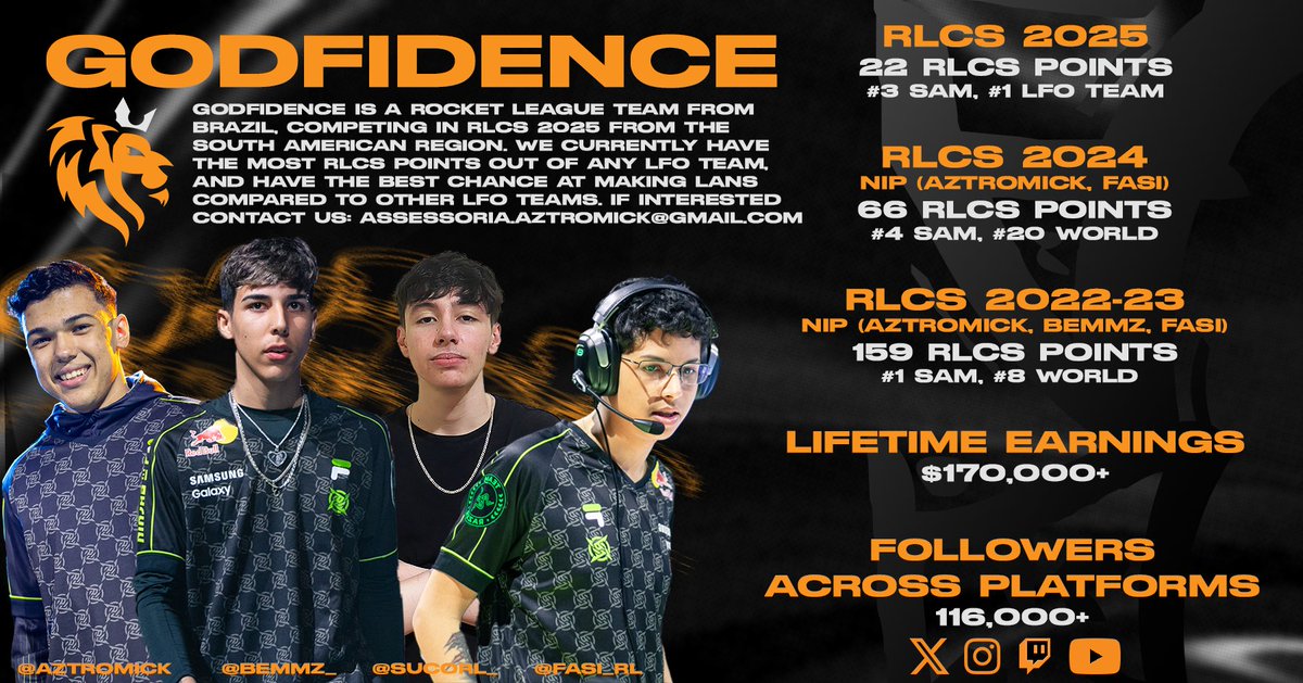 Godfidence (@godfidencerl) on Twitter photo Godfidence is looking for an Esports Org or Sponsors to represent! 🦁
The 2nd Split of #RLCS 2025, and #EWC is approaching, and we have the best chance at making LANs compared to other orgless teams.
If interested contact via email or DM 📨
Assessoria.aztromick@gmail.com Godfidence is looking for an Esports Org or Sponsors to represent! 🦁
The 2nd Split of #RLCS 2025, and #EWC is approaching, and we have the best chance at making LANs compared to other orgless teams.
If interested contact via email or DM 📨
Assessoria.aztromick@gmail.com