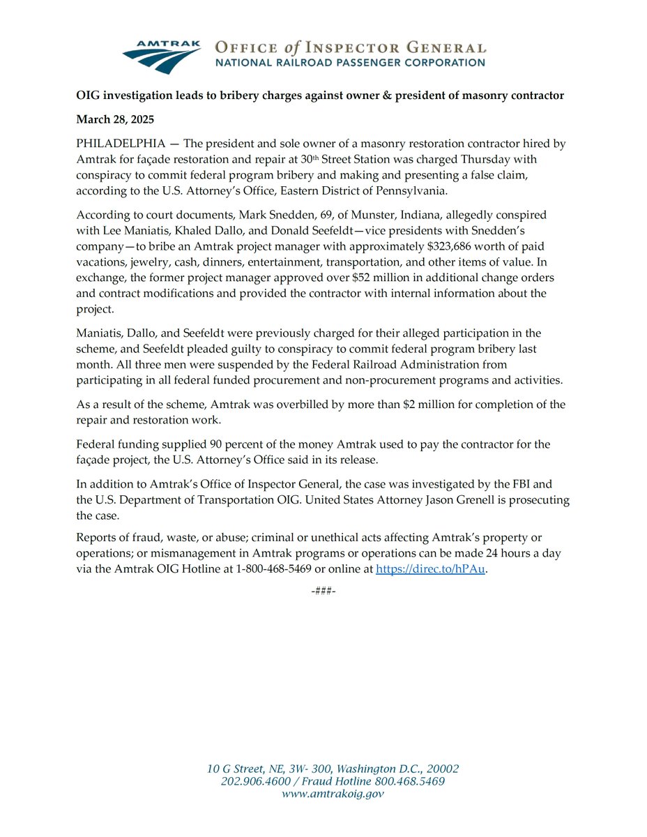 President &amp; owner of contractor charged with federal program bribery &amp; presenting a false claim. Allegedly bribed an Amtrak official with $323K in items of value in exchange for inflated contract mods and internal project info on 30th Street Station job. direc.to/mAps